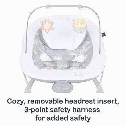 Cozy, removable headrest insert and 3-point safety harness on the Smart Steps My First Rocker 2 Bouncer