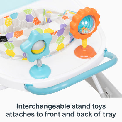 Interchangeable stand toys attaches to the front or the back of the Smart Steps by Baby Trend Dine N’ Play 3-in-1 Feeding Walker