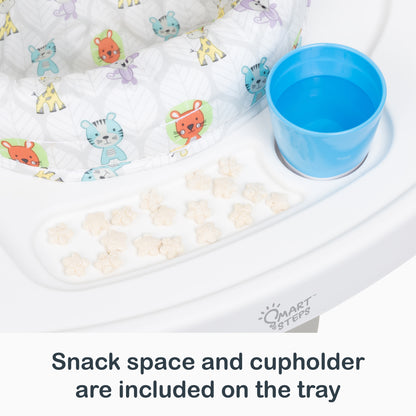 Snack space and cup holder are included on the tray of the Smart Steps 3-in-1 Bounce N’ Play Activity Center PLUS